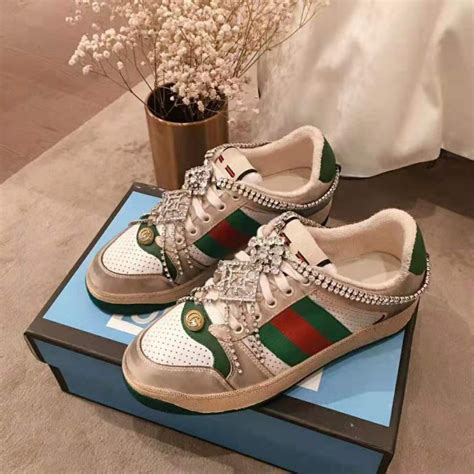 gucci screener dirty sneakers with crystals|Gucci crystal studded sneakers.